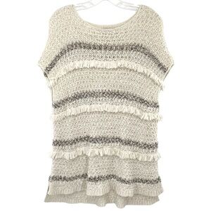 Ann Taylor Loft Women’s Cream Gray Short Sleeve Fringe Sweater